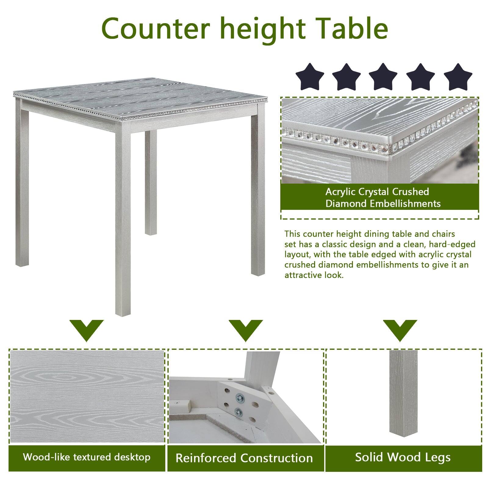 Counter height Table

Acrylic Crystal Crushed Diamond Embellishments

This counter height dining table and chairs set has a classic design and a clean, hard-edged layout, with the table edged with acrylic crystal crushed diamond embellishments to give it an attractive look.

- Wood-like textured desktop
- Reinforced Construction
- Solid Wood Legs