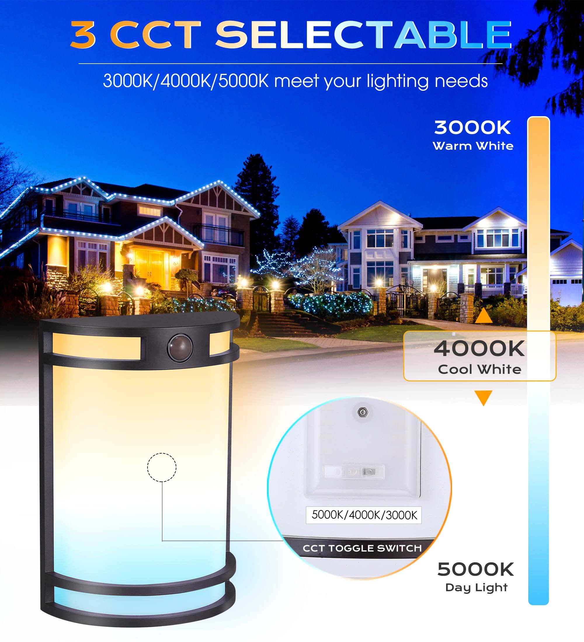 3 CCT SELECTABLE  
3000K/4000K/5000K meet your lighting needs  

3000K Warm White  
4000K Cool White  
5000K Day Light  

CCT TOGGLE SWITCH  
5000K/4000K/3000K