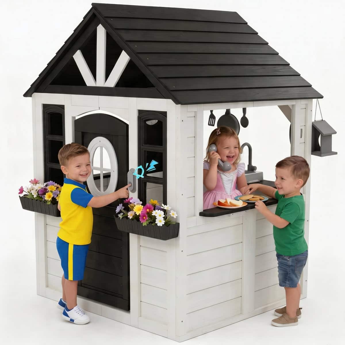 Wisairt - Wooden Kids Outdoor Playhouse with Play Kitchen, Working Doorbell and Bird Cage - Black,White
