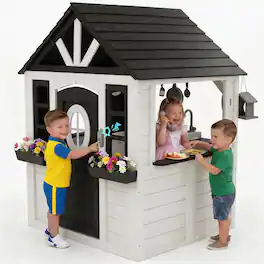 Wisairt - Wooden Kids Outdoor Playhouse with Play Kitchen, Working Doorbell and Bird Cage - Black,White