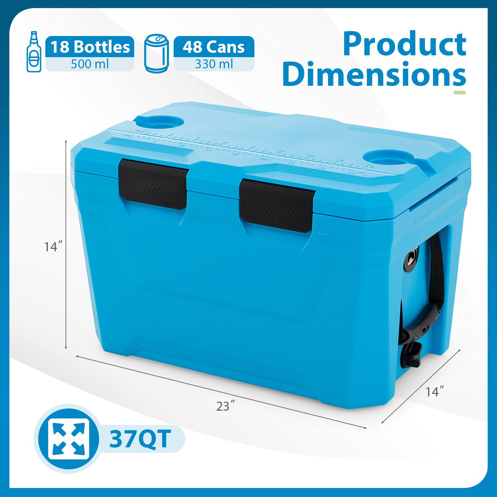 18 Bottles 500 ml  
48 Cans 330 ml  
Product Dimensions  
14" x 23" x 14"  
37QT