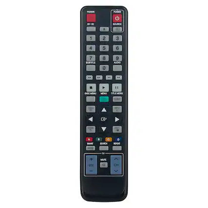 POWER
2D-3D
SOURCE
1 2 3 4 5 6 7
SUBTITLE 8 0 9
AUDIO
DISC MENU MENU TITLE MENU
TOOLS F INFO i RETURN C EXIT
A SMART B C SEARCH D REPEAT
TV
VOL MUTE CH