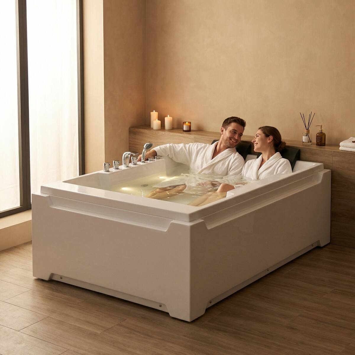 Left. Loheer - Loheer 73 x 48 Inch Whirlpool Bathtub for Two with 8 Jets, Chromatherapy, Acrylic Alcove Tub, Left Drain - Milk White.