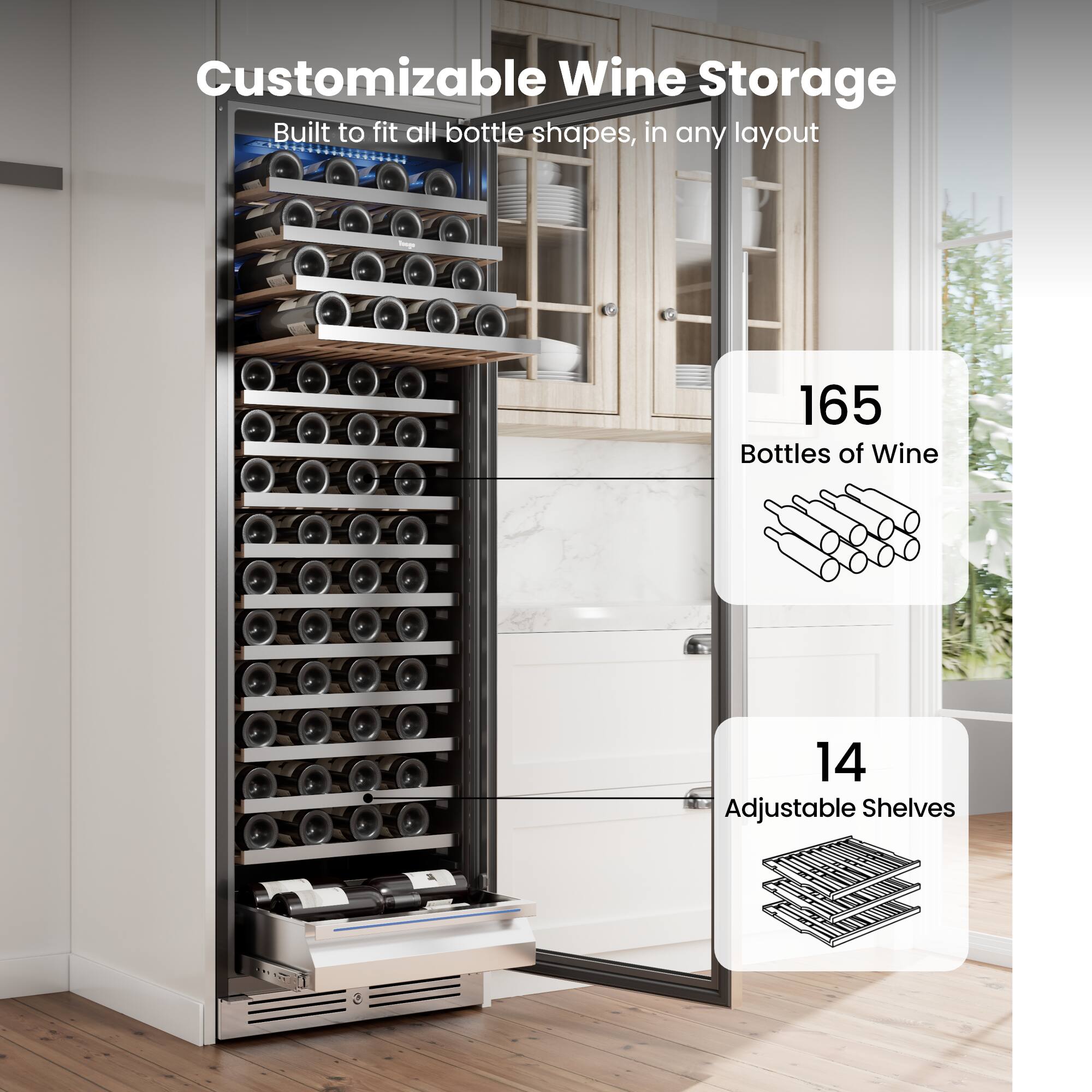 Customizable Wine Storage  
Built to fit all bottle shapes, in any layout  

165 Bottles of Wine  
14 Adjustable Shelves