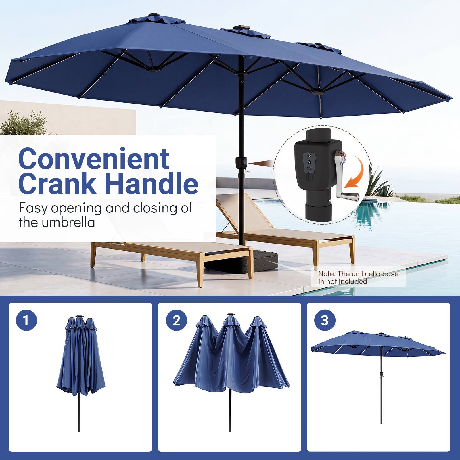 Convenient Crank Handle  
Easy opening and closing of the umbrella  
Note: The umbrella base is not included