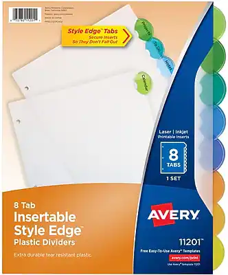 Sure, here is the corrected and grouped text from the image:
---
**Avery 11201**
**Style Edge™ Tabs**
- Secure Inserts So They Don't Fall Out
**8 Tab Insertable Style Edge™ Plastic Dividers**
- Extra durable tear resistant plastic
**Features:**
- 8 Tabs
- 1 Set
- Laser | Inkjet Printable Inserts
**Free Easy-To-Use Avery™ Templates**
- avery.com/print
- Use Avery™ Template 11201
**Tabs:**
- Projects
- To Do
- Notes
- Calendar
---
This text is organized to reflect the information provided on the packaging.