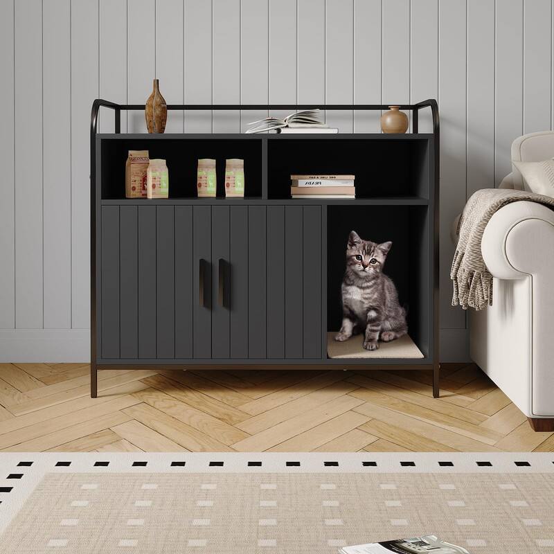 Front. GARVEE - Hidden Cat Litter Box Furniture - Enclosed Cabinet w/2 Storage Compartments, Scratching Mat & Double Doors, End Table - Black.