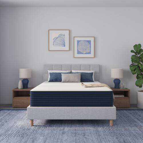 Left. PDTEND - 10-Inch Medium Firm Queen Hybrid Mattress - Cooling Gel Memory Foam & Pocket Spring - White+Blue.
