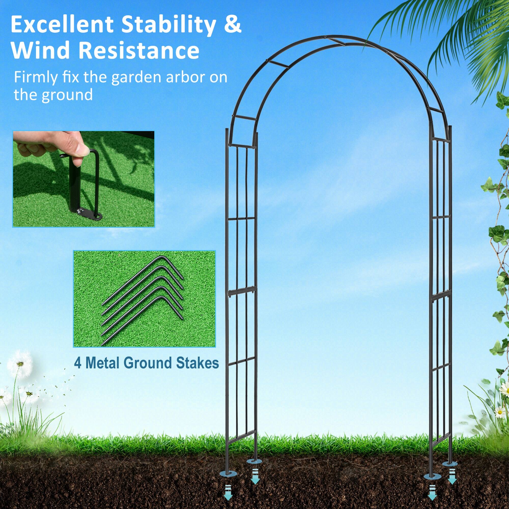 Excellent Stability & Wind Resistance: Firmly fix the garden arbor on the ground with 4 Metal Ground Stakes.
