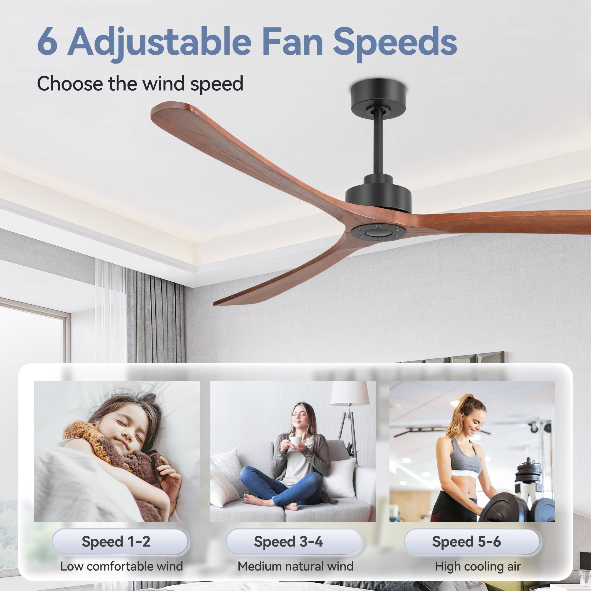 6 Adjustable Fan Speeds

Choose the wind speed

Speed 1-2 Low comfortable wind

Speed 3-4 Medium natural wind

Speed 5-6 High cooling air