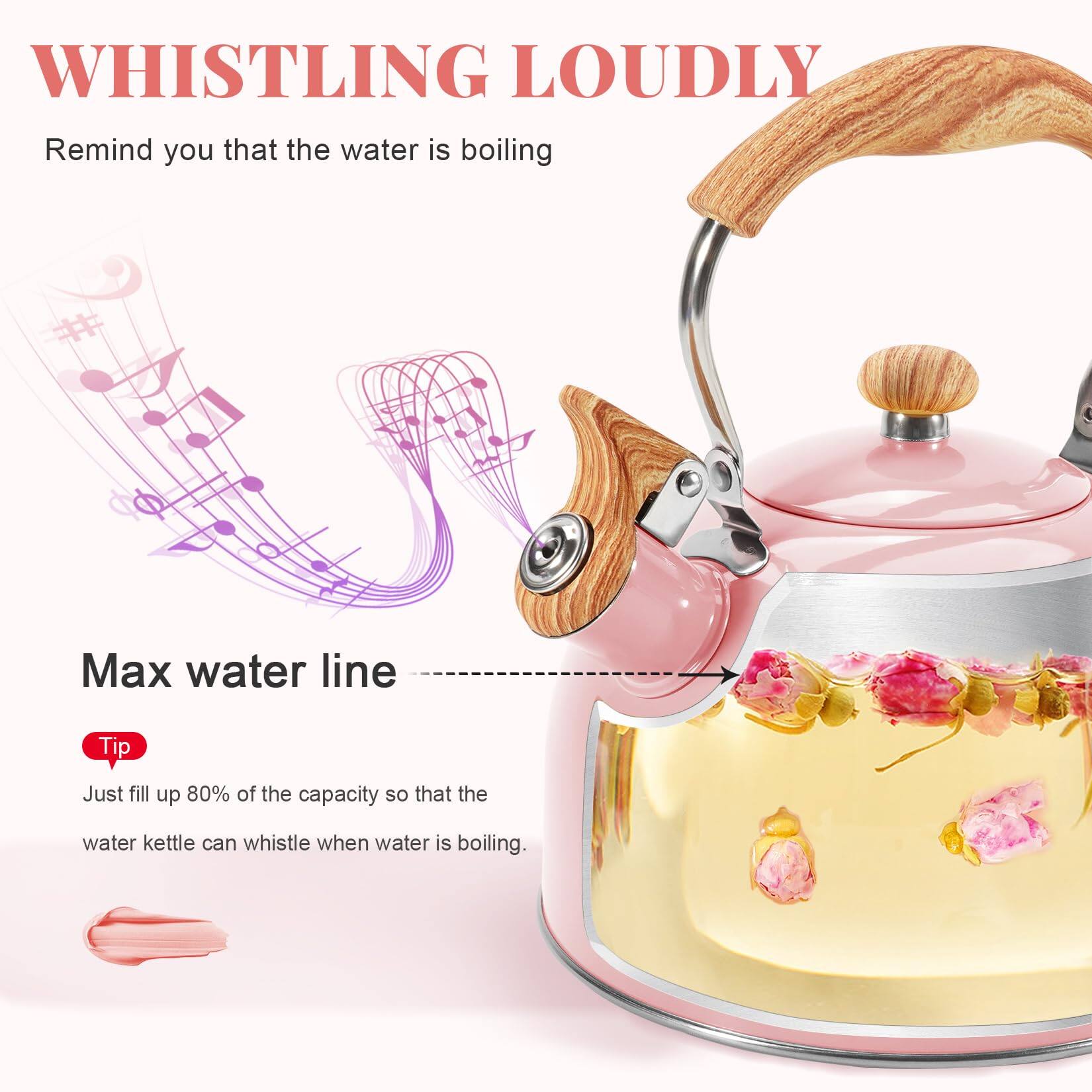 **WHISTLING LOUDLY**  
Remind you that the water is boiling

**Max water line**

**Tip**  
Just fill up 80% of the capacity so that the water kettle can whistle when water is boiling.