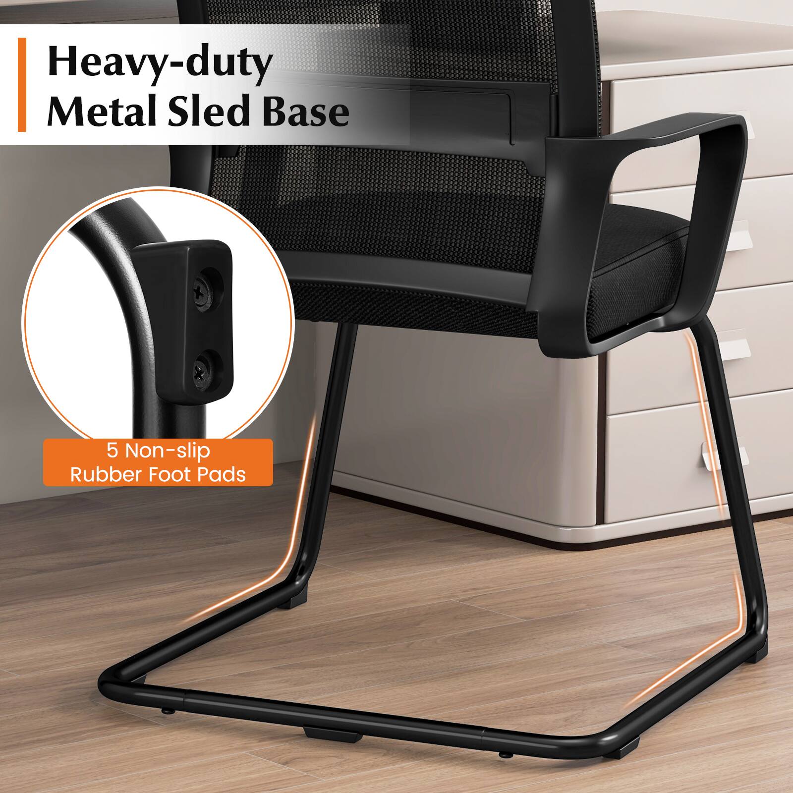 Heavy-duty Metal Sled Base with 5 Non-slip Rubber Foot Pads.