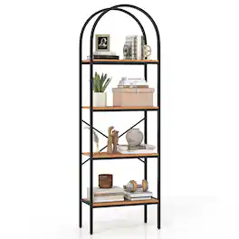 Costway - 1 PCS 71" Tall Arched Bookcase, 4-Tier Floor Bookshelf with Storage Shelves, Metal Frame - Brown & Black