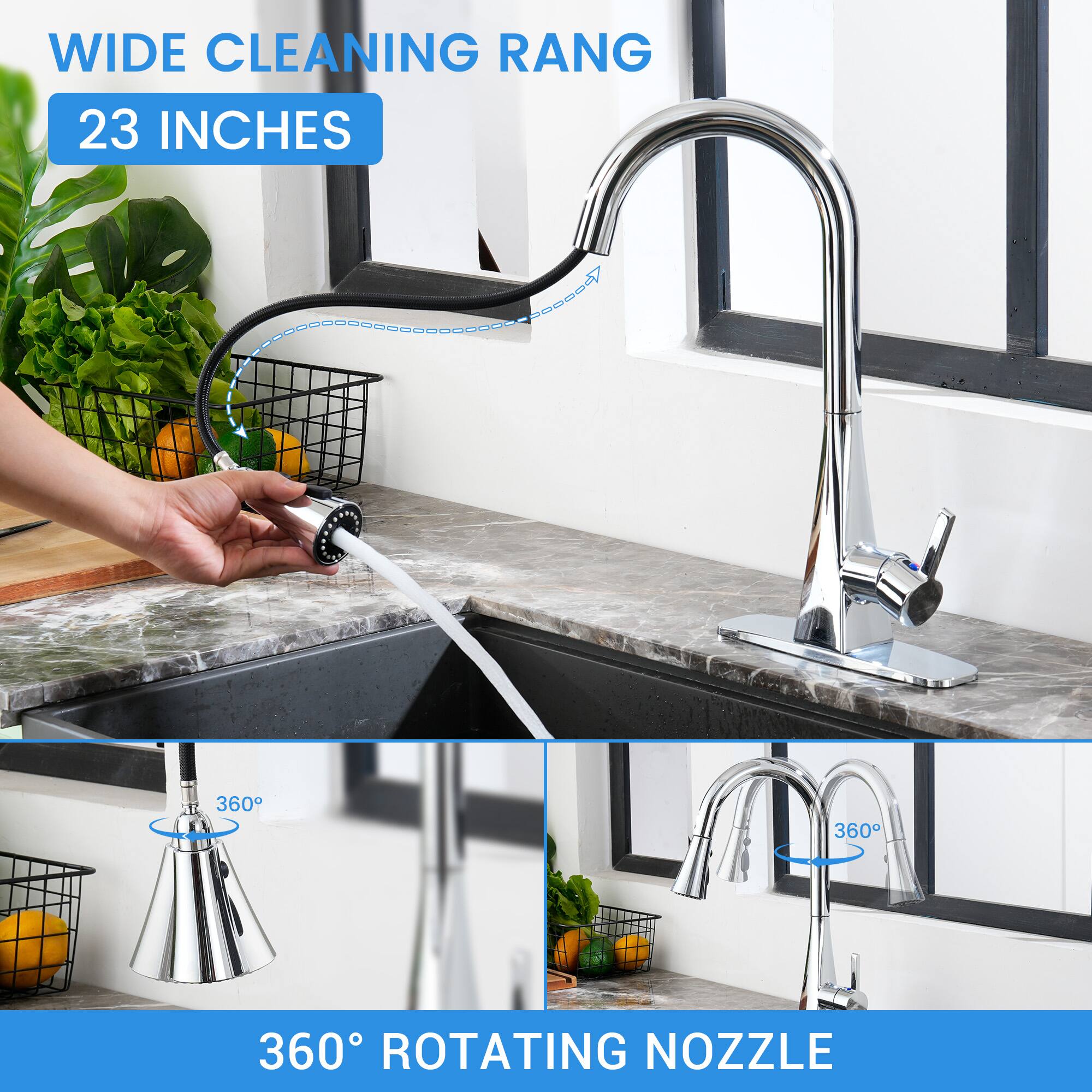 WIDE CLEANING RANGE  
23 INCHES  

360° ROTATING NOZZLE