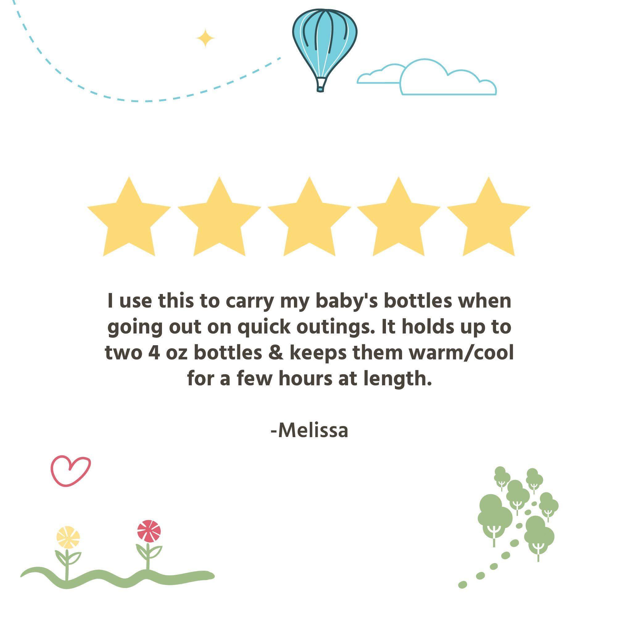 I use this to carry my baby's bottles when going out on quick outings. It holds up to two 4 oz bottles & keeps them warm/cool for a few hours at length. -Melissa