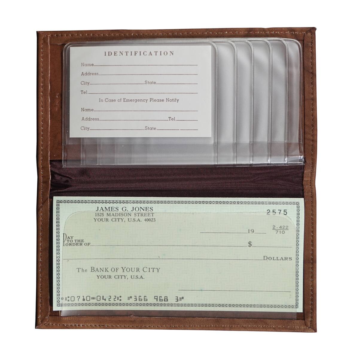 **Identification**

- Name: [Blank]
- Address: [Blank]
- City: [Blank]
- State: [Blank]
- Tel: [Blank]

**In Case of Emergency Please Notify**

- Name: [Blank]
- Address: [Blank]
- Tel: [Blank]
- City: [Blank]
- State: [Blank]

---

**Check**

- Pay to the Order of: The Bank of Your City, Your City, U.S.A.
- Amount: $2575.00
- Date: [Blank]
- Number: 2575
- Signature: [Blank]
- MICR Line: 0710 0422 366 968 3r

---

**Details from the Check**

- Name: James G. Jones
- Address: 1525 Madison Street, Your City, U.S.A. 40023
- Amount: $2575.00
- Date: [Blank]
- Number: 2575
- MICR Line: 0710 0422 366 968 3r