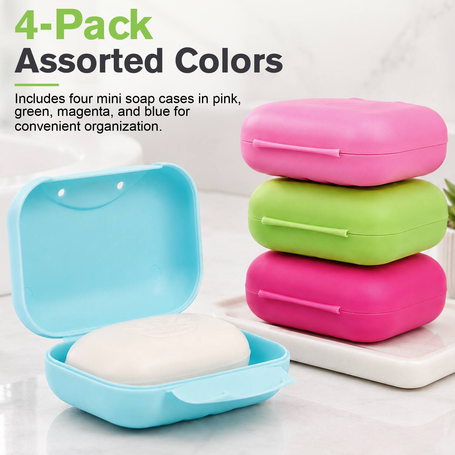 4-Pack Assorted Colors

Includes four mini soap cases in pink, green, magenta, and blue for convenient organization.