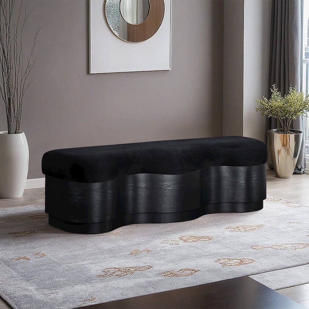 Alt View 1. Meridian Furniture - Savoy Black Velour Fur Fabric Bench - Black.