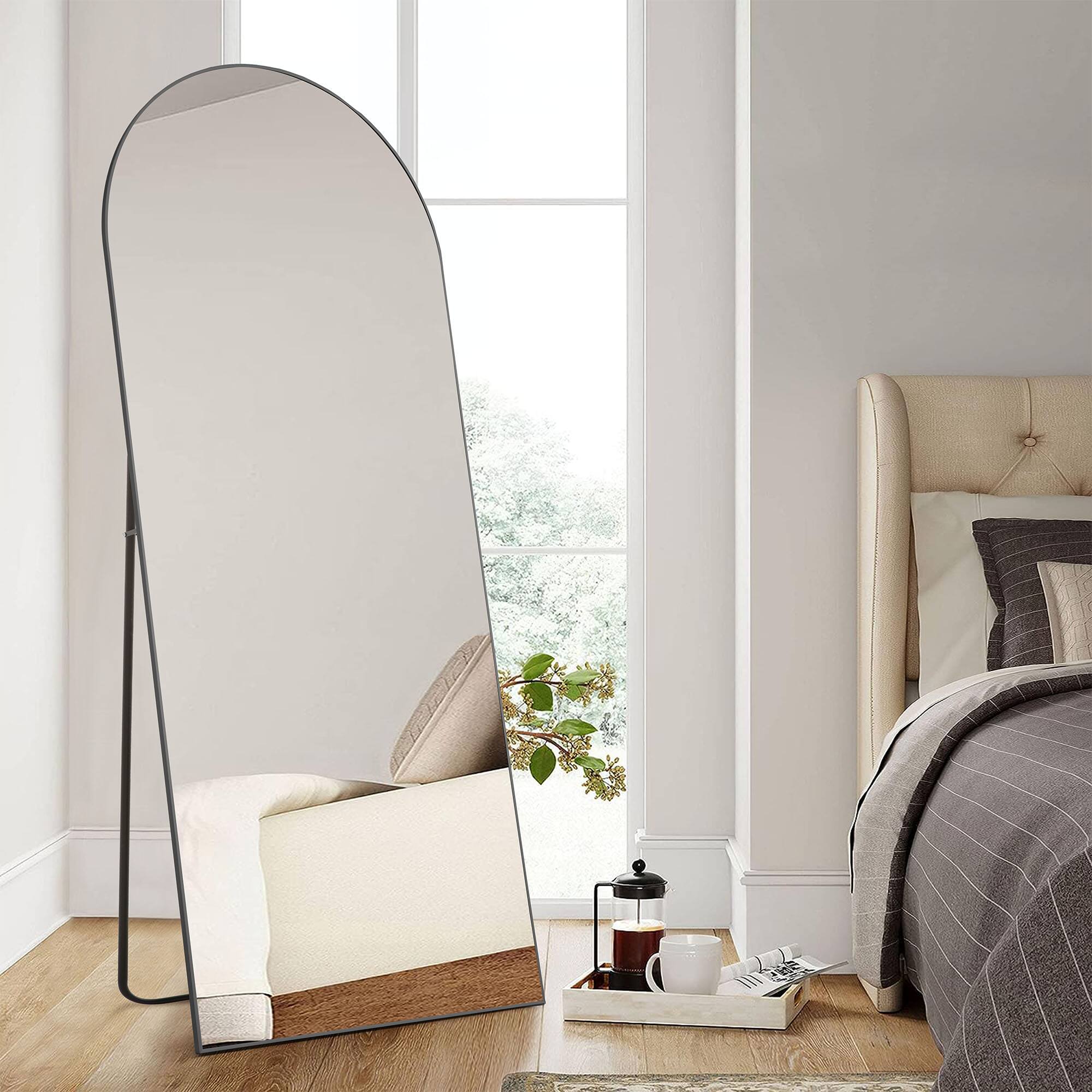 Front. AENKYO - 64"x21" Arched Full Length Mirror, Standing or Leaning Full Body Mirror with Aluminum Alloy Thin Frame - Black.