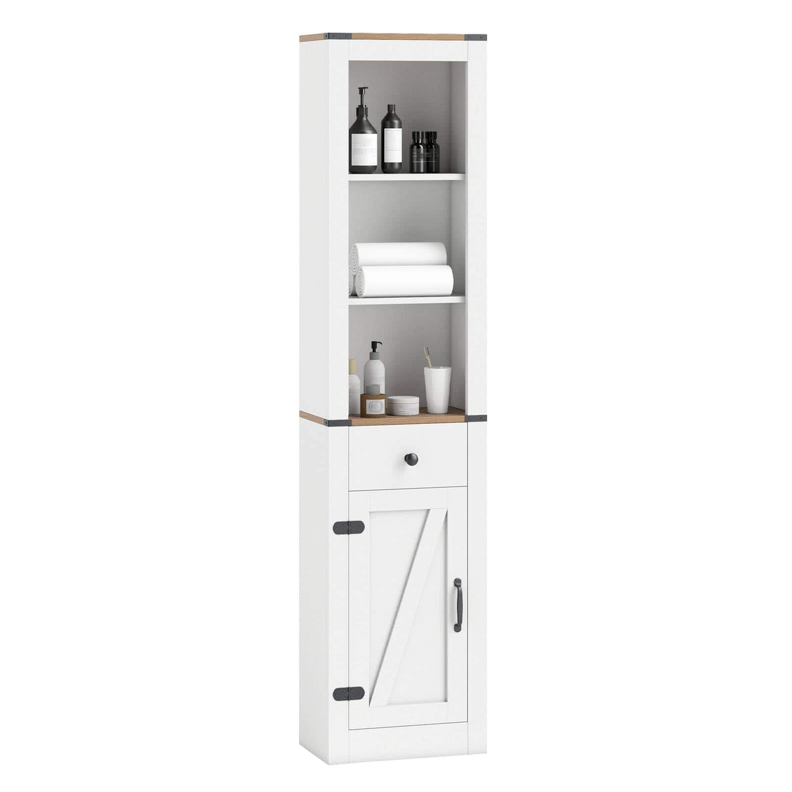 Ecooso - 68" Tall Narrow Bathroom Cabinet with Barn Door, Drawer Storage, Slim Floor Organizer - White & Natural