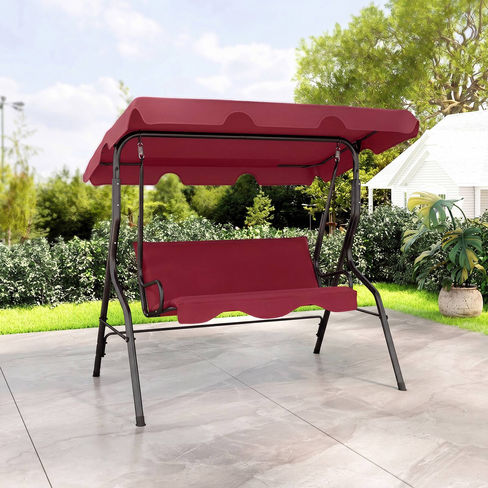 Alt View 1. Costway - Costway 3-Person Outdoor Patio Swing Chair with Adjustable Canopy and Removable Cushion - Wine.