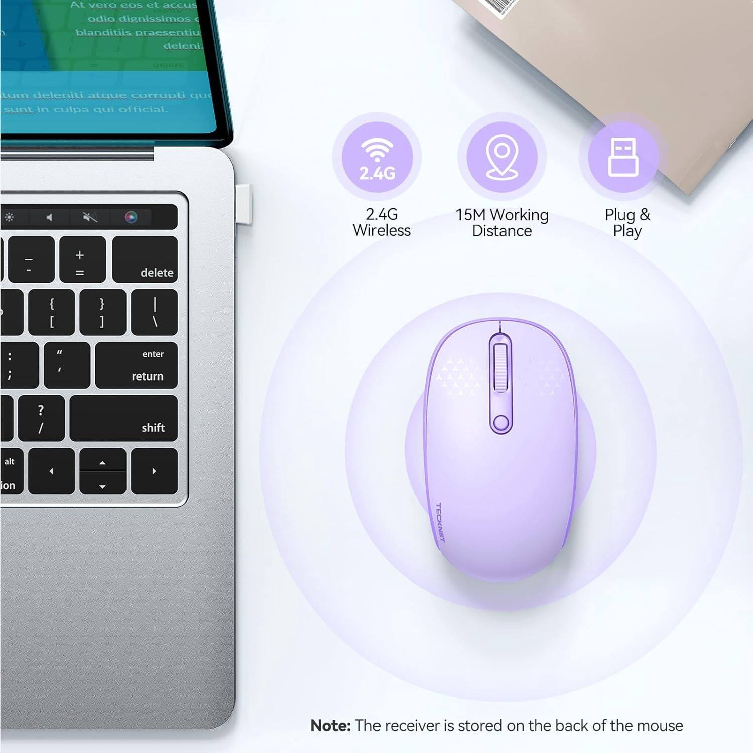 At vero eos et accus
b
odio dignissimos ( blanditiis praesentiu deleni.
tum deleniti atque corrupti qu sunt in culpa qui official.
2.4G
-
+ =
delete
2.4G Wireless
15M Working Distance
Plug & Play
[
} I
:
"
enter
;
I
return
? /
shift
alt
)
on
Note: The receiver is stored on the back of the mouse