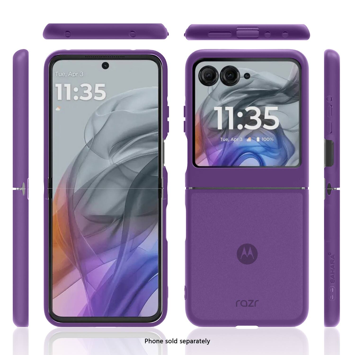 The image shows two purple cell phones, one with a time of 11:35 displayed on the screen. The phones are being sold separately, and the brand is Motorola.