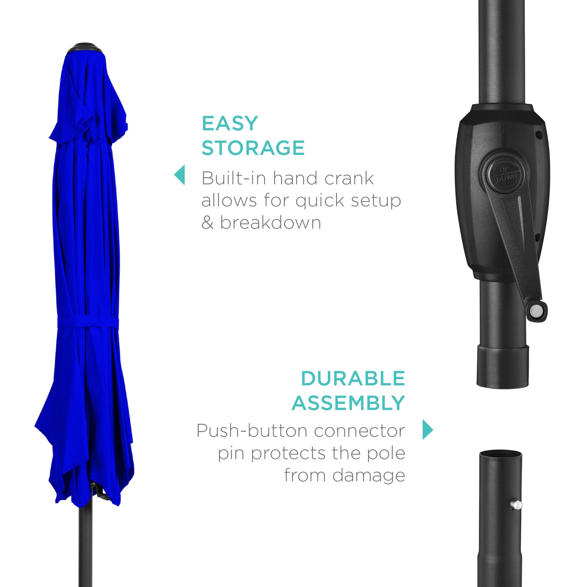 EASY STORAGE  
Built-in hand crank allows for quick setup & breakdown  

DURABLE ASSEMBLY  
Push-button connector pin protects the pole from damage