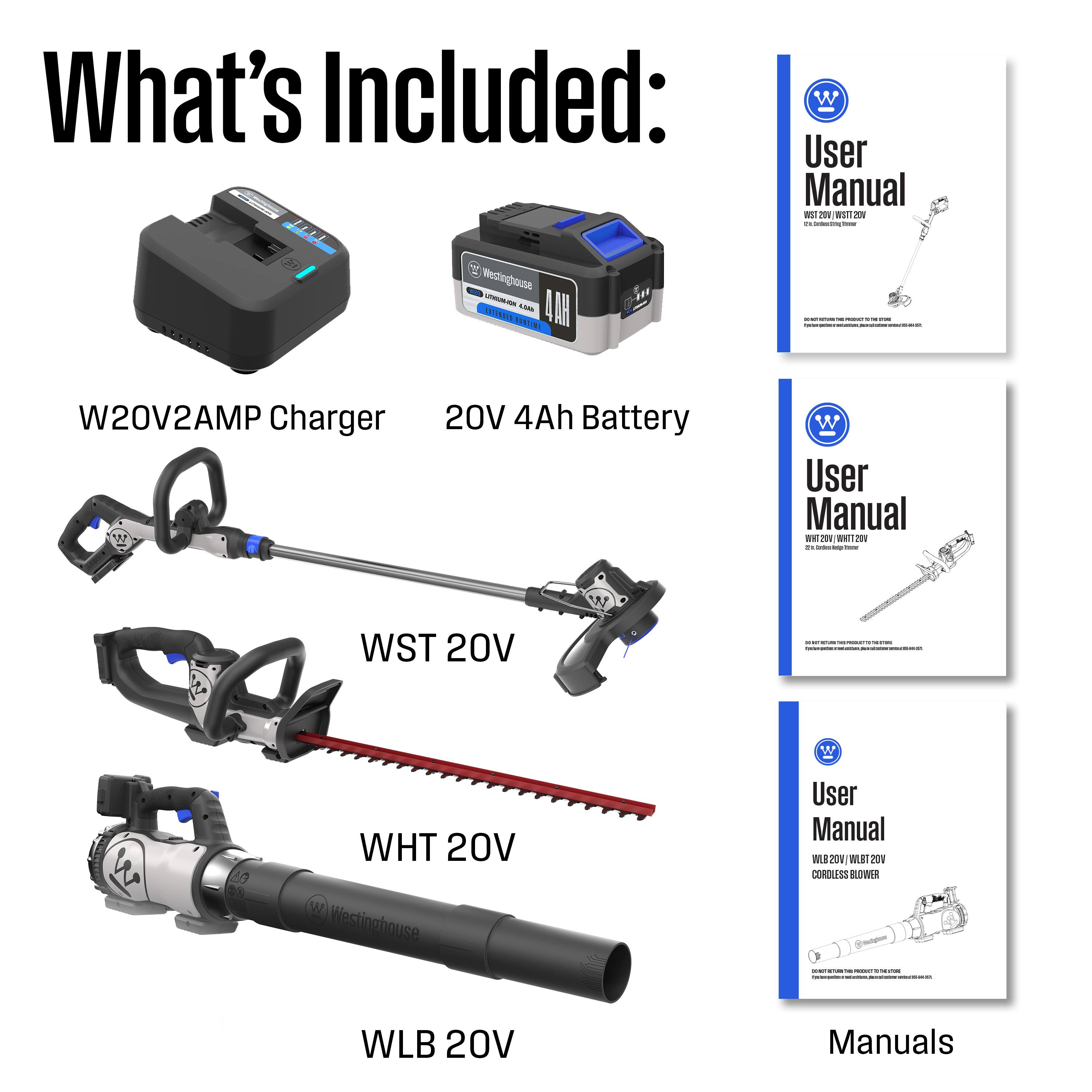 What's Included:  
- W20V2AMP Charger  
- 20V 4Ah Battery  
- WST 20V  
- WHT 20V  
- WLB 20V  
- User Manual