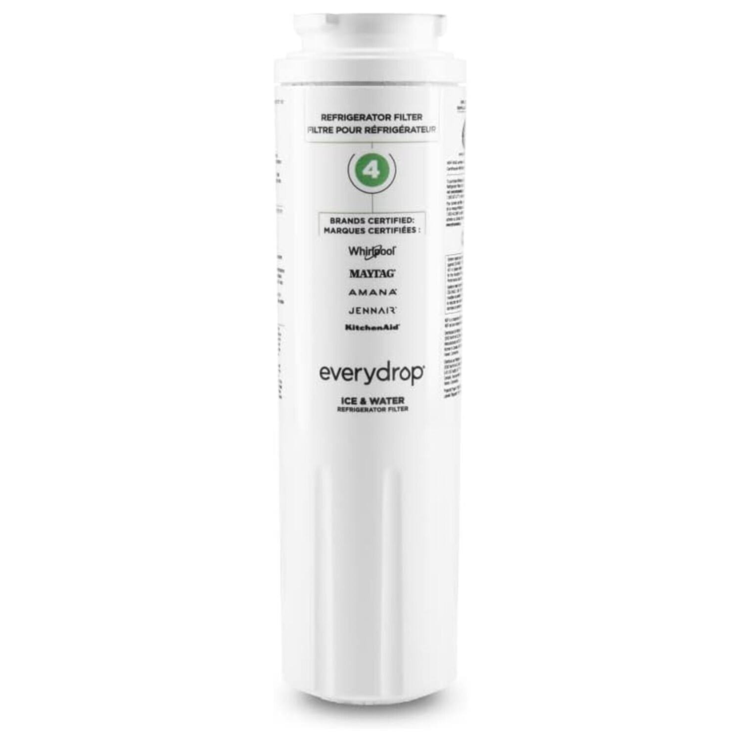 REFRIGERATOR FILTER  
FILTRE POUR RÉFRIGÉRATEUR  

4 BRANDS CERTIFIED:  
MARQUES CERTIFIÉES:  
Whirlpool  
MAYTAG  
AMANA  
JENNAIR  
KitchenAid  

everydrop  
ICE & WATER REFRIGERATOR FILTER
