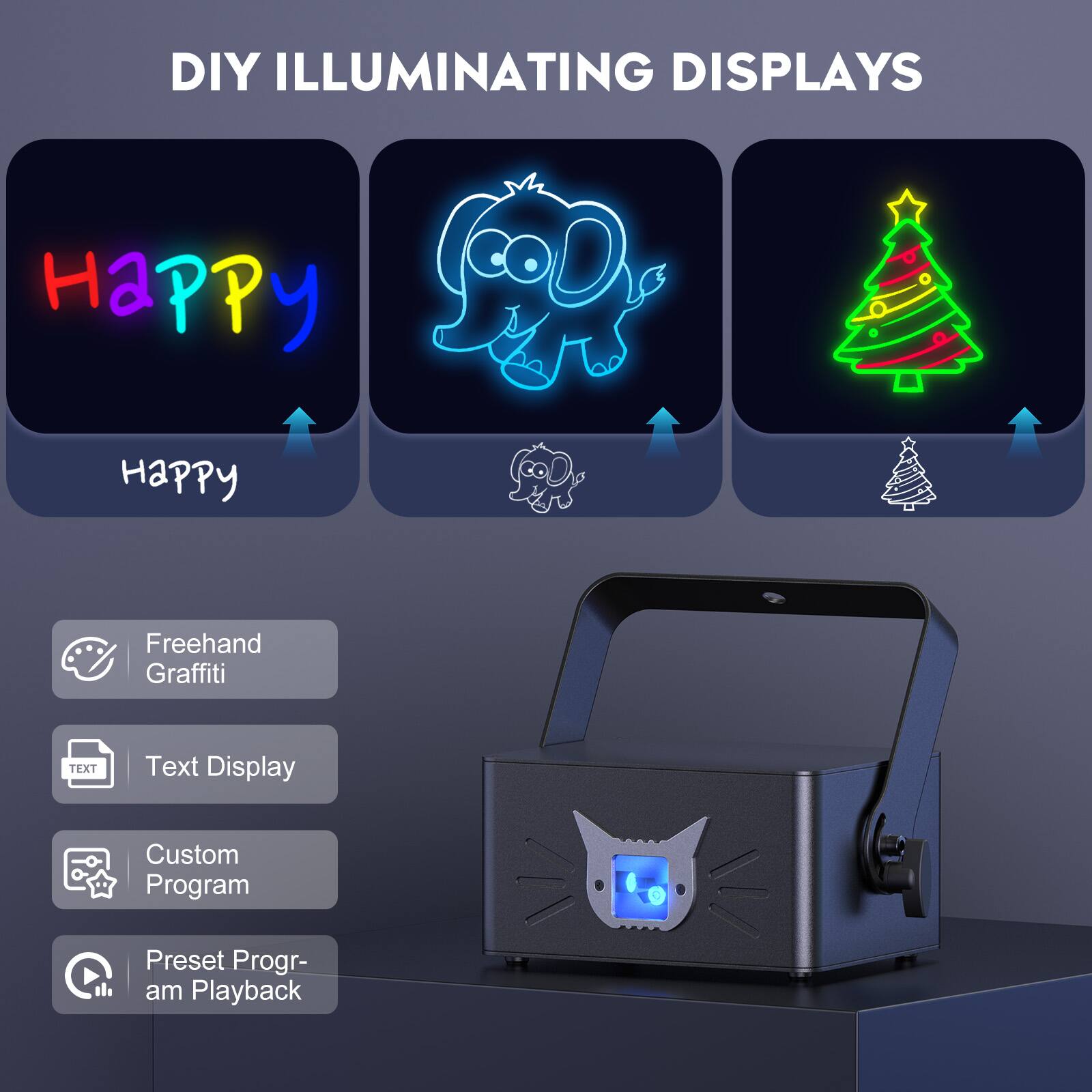 DIY ILLUMINATING DISPLAYS

- Happy
- Freehand Graffiti
- Text Display
- Custom Program
- Preset Program Playback