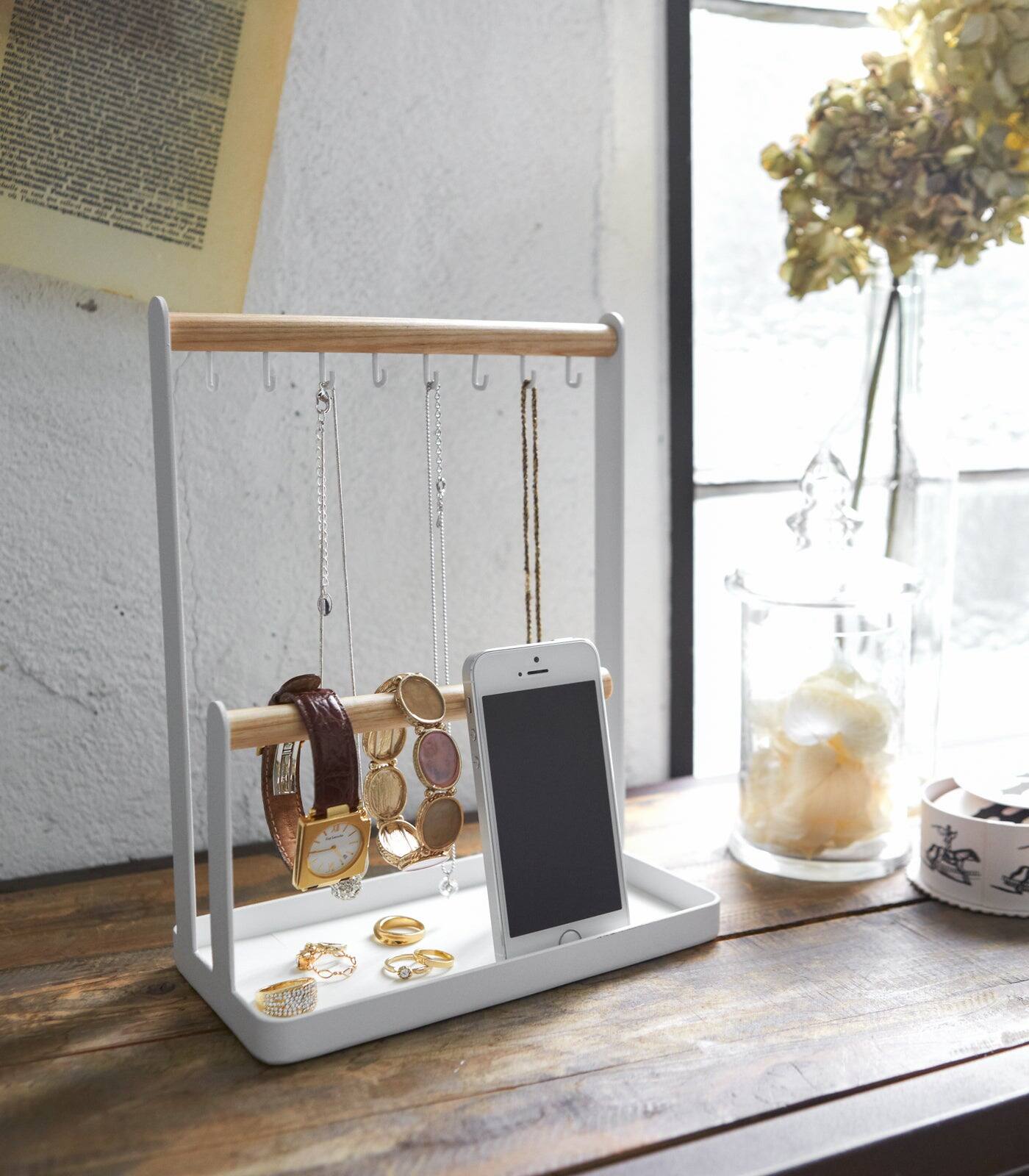 Back. Yamazaki Home - Jewelry + Accessory Display - Steel + Wood - White.