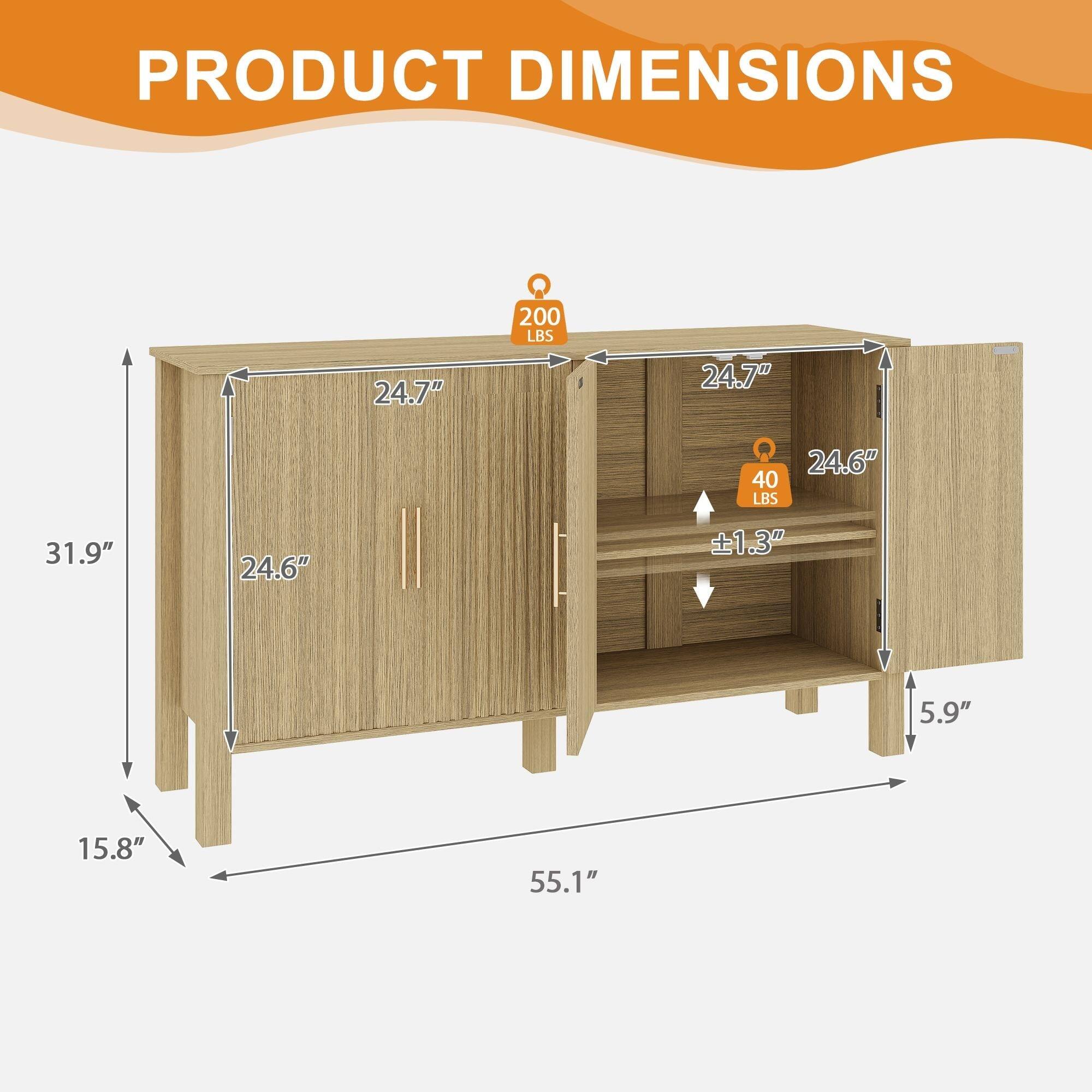 PRODUCT DIMENSIONS

- Width: 55.1"
- Height: 31.9"
- Depth: 15.8"
- Top Shelf: 24.7" (200 LBS)
- Middle Shelf: 24.7" x 24.6" (40 LBS)
- Bottom Shelf: 24.6" x 5.9" (1.3")