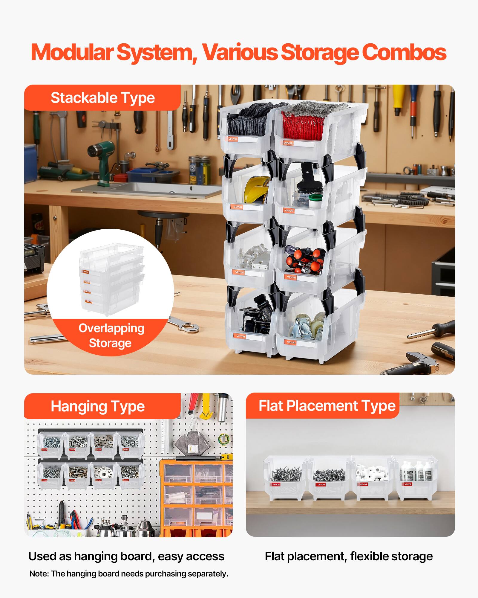 Modular System, Various Storage Combos

Stackable Type

Overlapping Storage

Hanging Type

Used as hanging board, easy access
Note: The hanging board needs purchasing separately.

Flat Placement Type

Flat placement, flexible storage