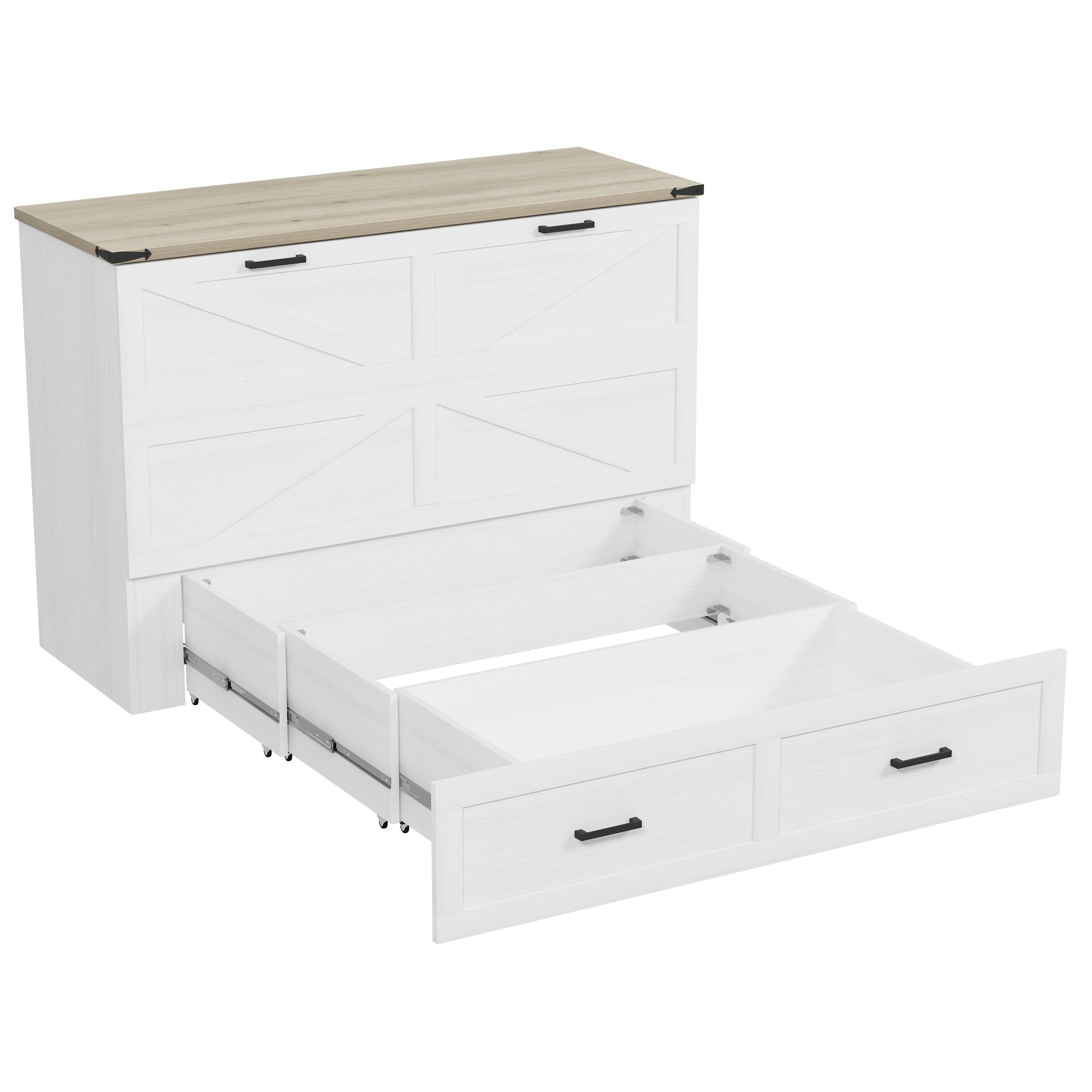 Alt View 5. Tiramisubest - Queen Size Murphy Cabinet Bed with Charging Station, Foldable Platform Bed with Large Storage Drawer, White - White.