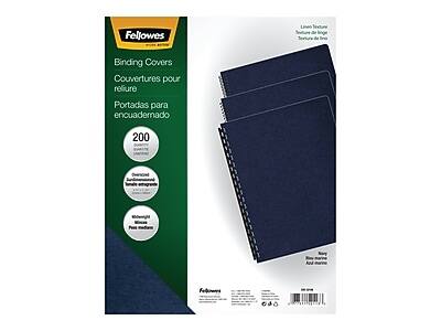 Fellowes Binding Covers  
Couvertures pour reliure  
Portadas para encuadernado  

200  

Linen Texture  
Texture de lin  
Textura de lino  

Overlapped Binding  
Reliure enchevêtrée  
Encuadernación enchevechada  

Wear-Resistant  
Résistant à l'usure  
Resistente al desgaste  

Waterproof  
Imperméable  
Impermeable  

Blue Navy  
Azul marino  
Azul marino