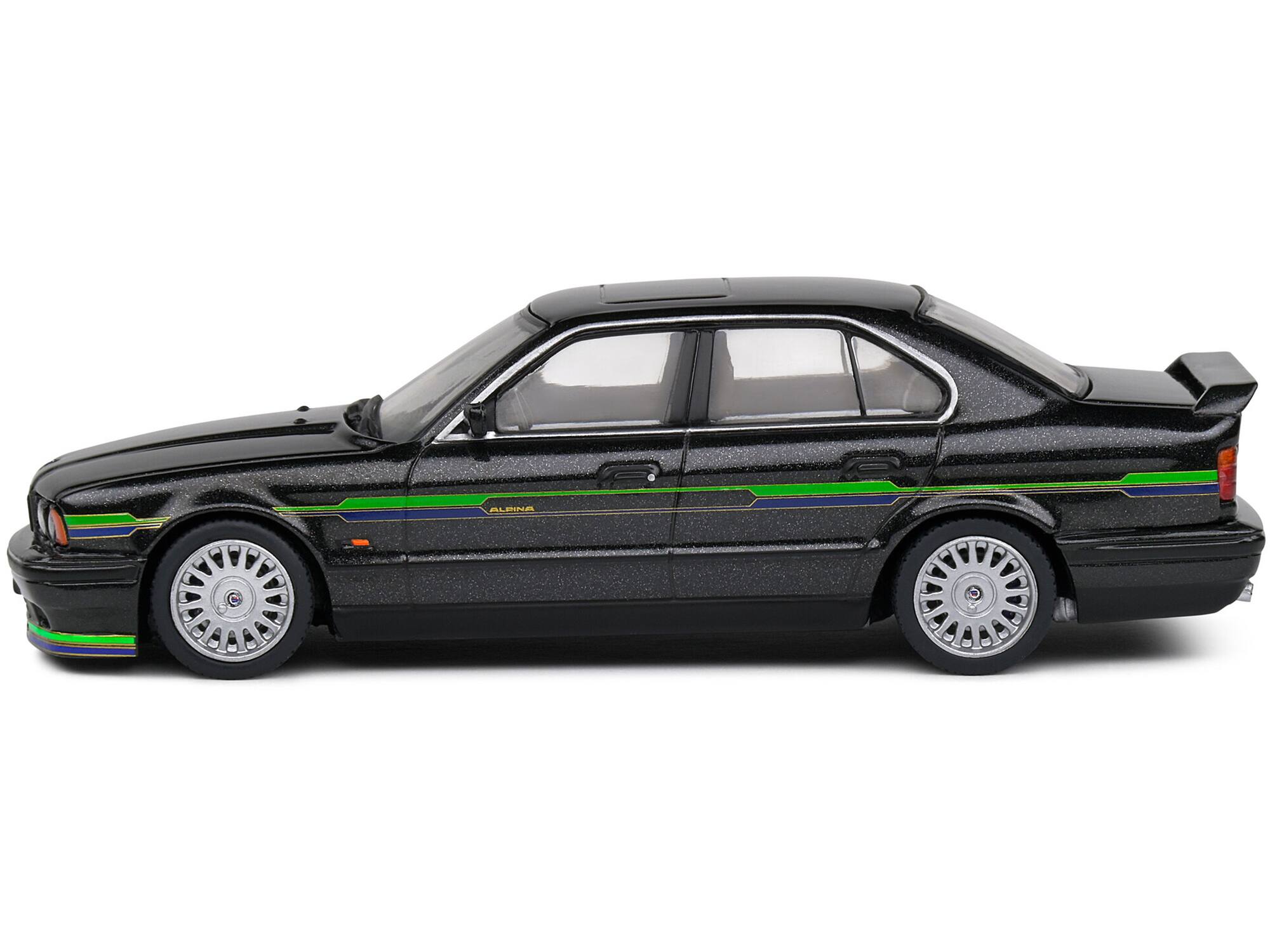 Angle. Solido - 1994 BMW E34 Alpina B10 BiTurbo Black Metallic with Green Graphics 1/43 Diecast Model Car by Solido - Black Metallic with Green.