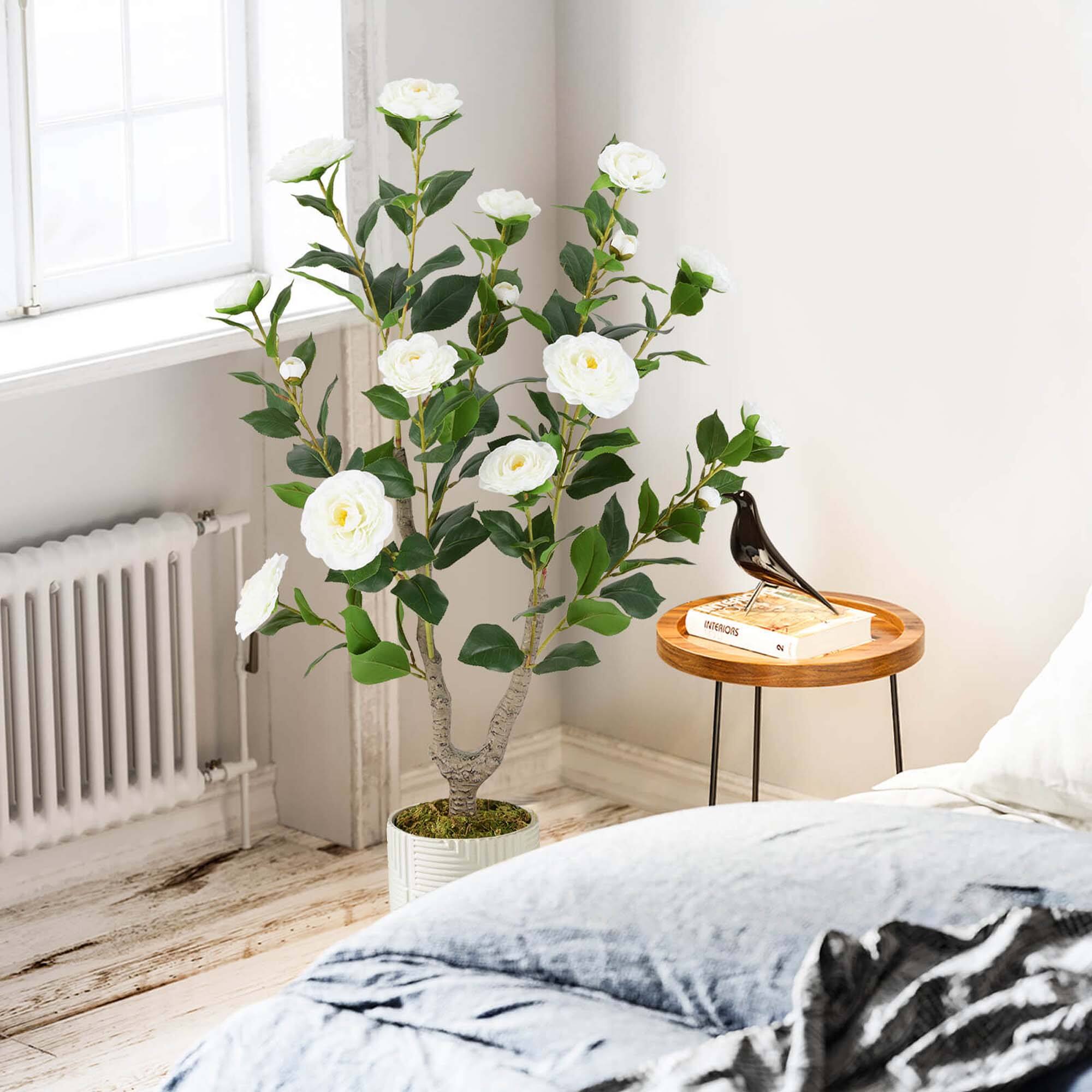 Alt View 4. Costway - Costway 1 PCS 36" Artificial Camellia Tree Fake Potted Tree Greenery Floral Plant Modern White - White.
