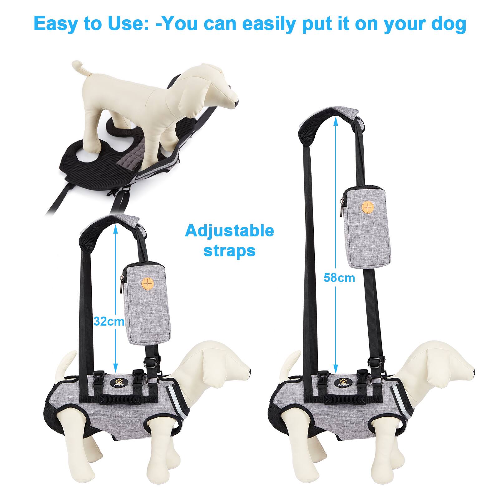 Easy to Use: - You can easily put it on your dog
- Adjustable straps
- 58cm
- 32cm