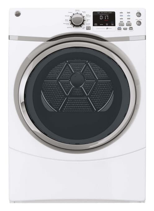 Front. GE - 7.5 Cu. Ft. 11-Cycle Electric Dryer with Steam - White on White.