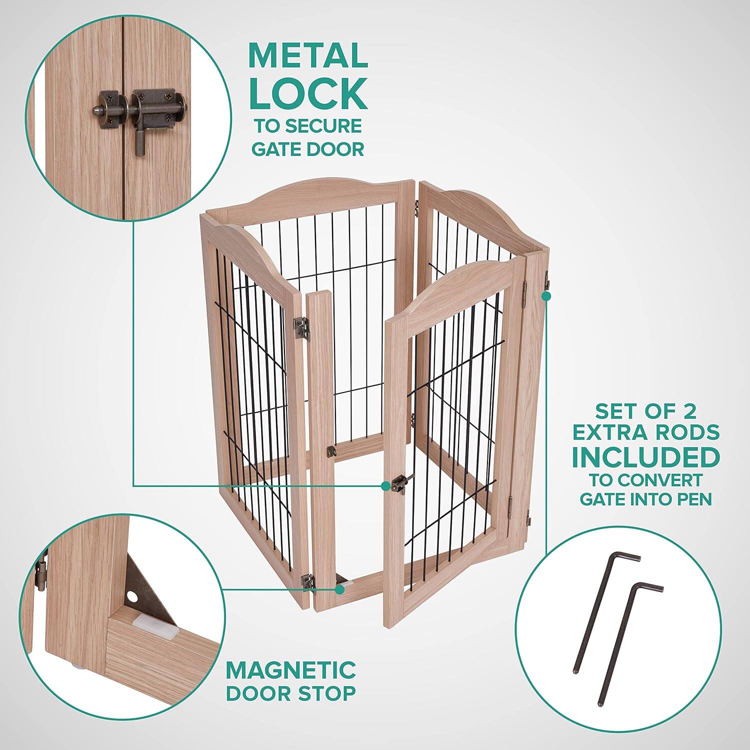METAL LOCK TO SECURE GATE DOOR, MAGNETIC DOOR STOP, SET OF 2 EXTRA RODS INCLUDED TO CONVERT GATE INTO PEN