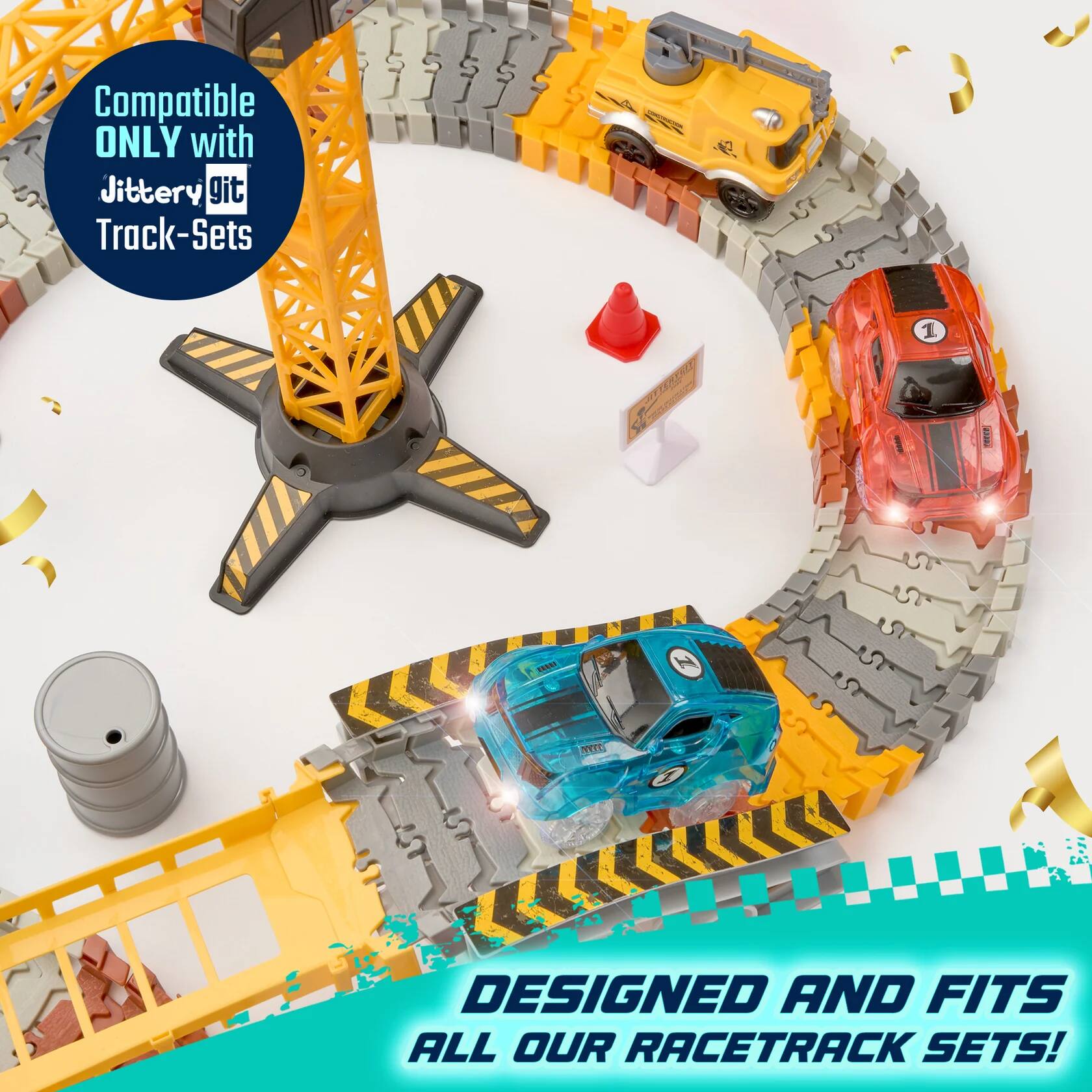 Compatible ONLY with Jittery git Track-sets

DESIGNED AND FITS ALL OUR RACETRACK SETS!