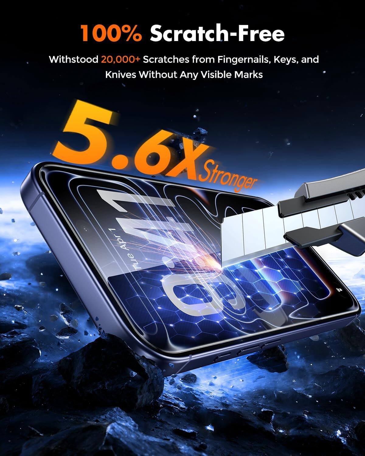 100% Scratch-Free  
Withstood 20,000+ Scratches from Fingernails, Keys, and Knives Without Any Visible Marks  
5.6X Stronger