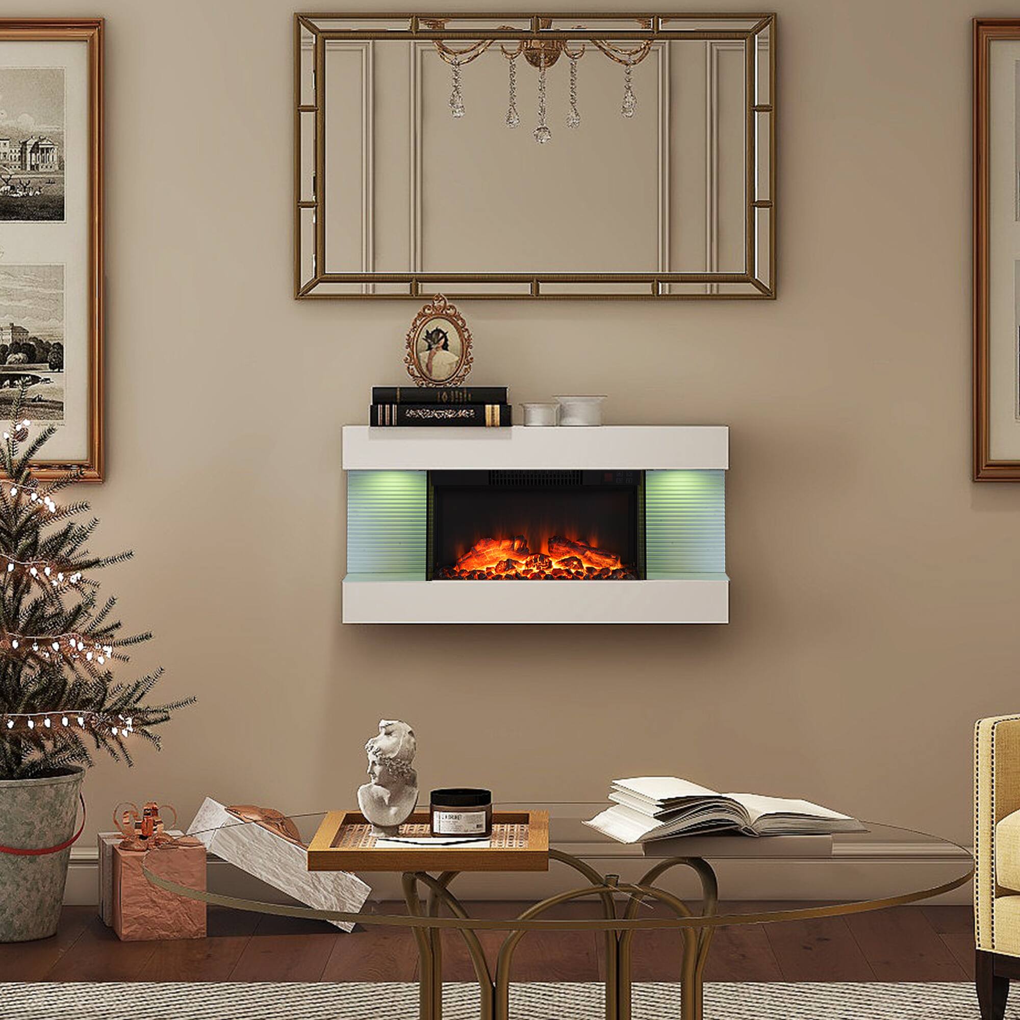 Angle. Mondawe - 32" Stylish Electric Fireplace with Suspended LED Light Mantel and Remote Control - Black and White.
