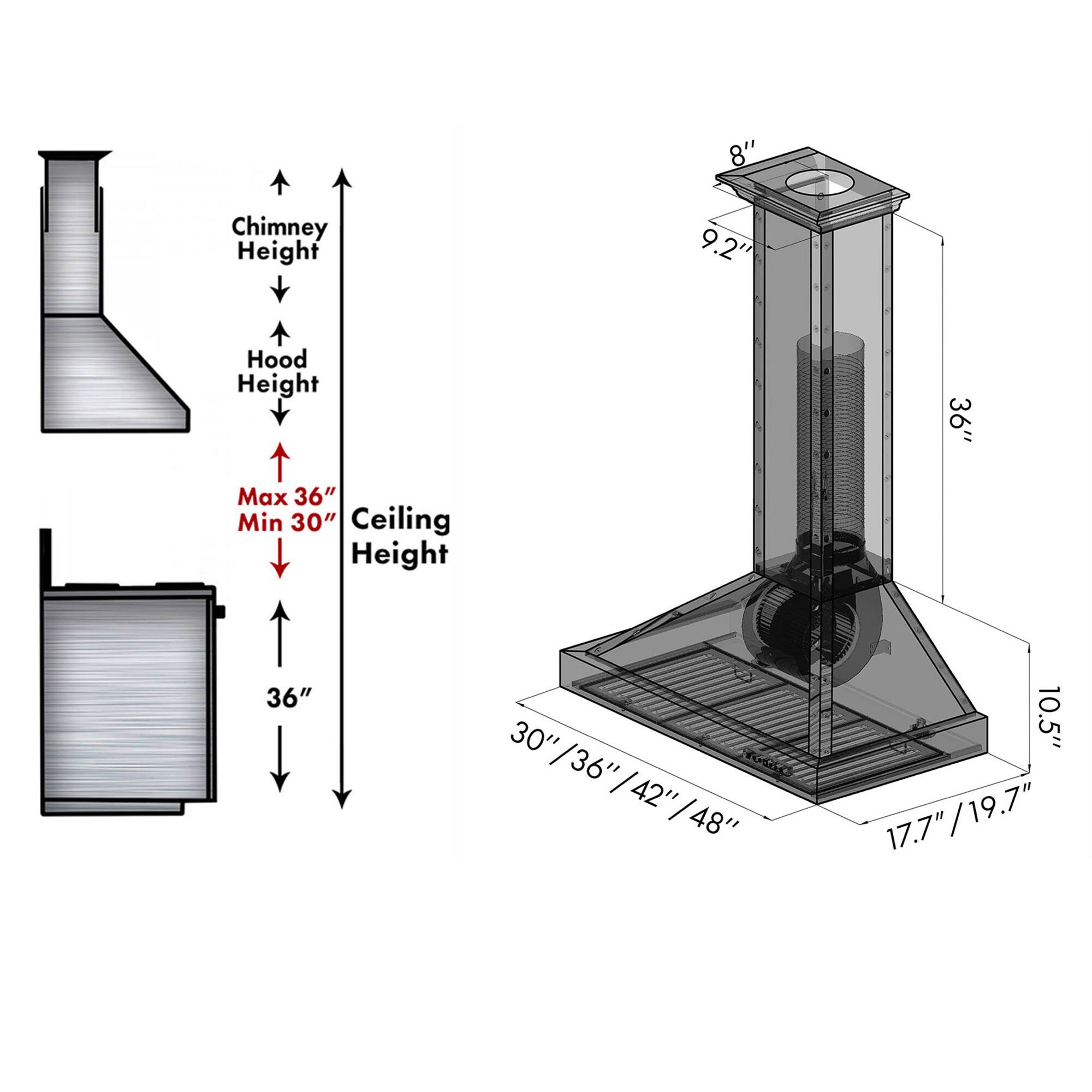 8" Chimney Height  
9.2" Hood Height  
36" Max 36" Min 30" Ceiling Height  
36"  
30" / 36" / 42" / 48"  
10.5"  
17.7" / 19.7" / 19.7"  
17.7"