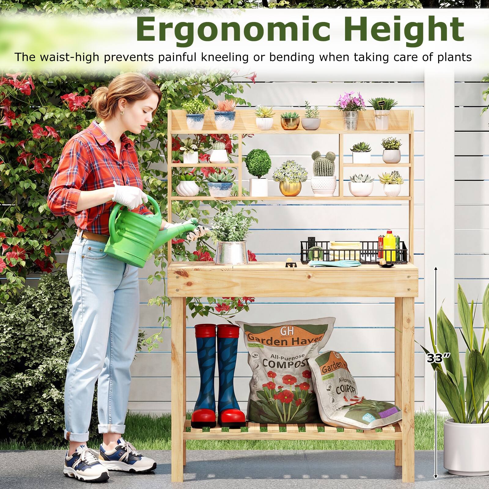 Ergonomic Height  
The waist-high prevents painful kneeling or bending when taking care of plants  

GH Garden Haver  
All-Purpose COMPOST  

33"