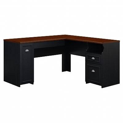 Front. Bush Furniture - 60"W L Shaped Desk with Drawers and Storage Cabinet(WC53930-03K) - Antique Black/Hansen Cherry.