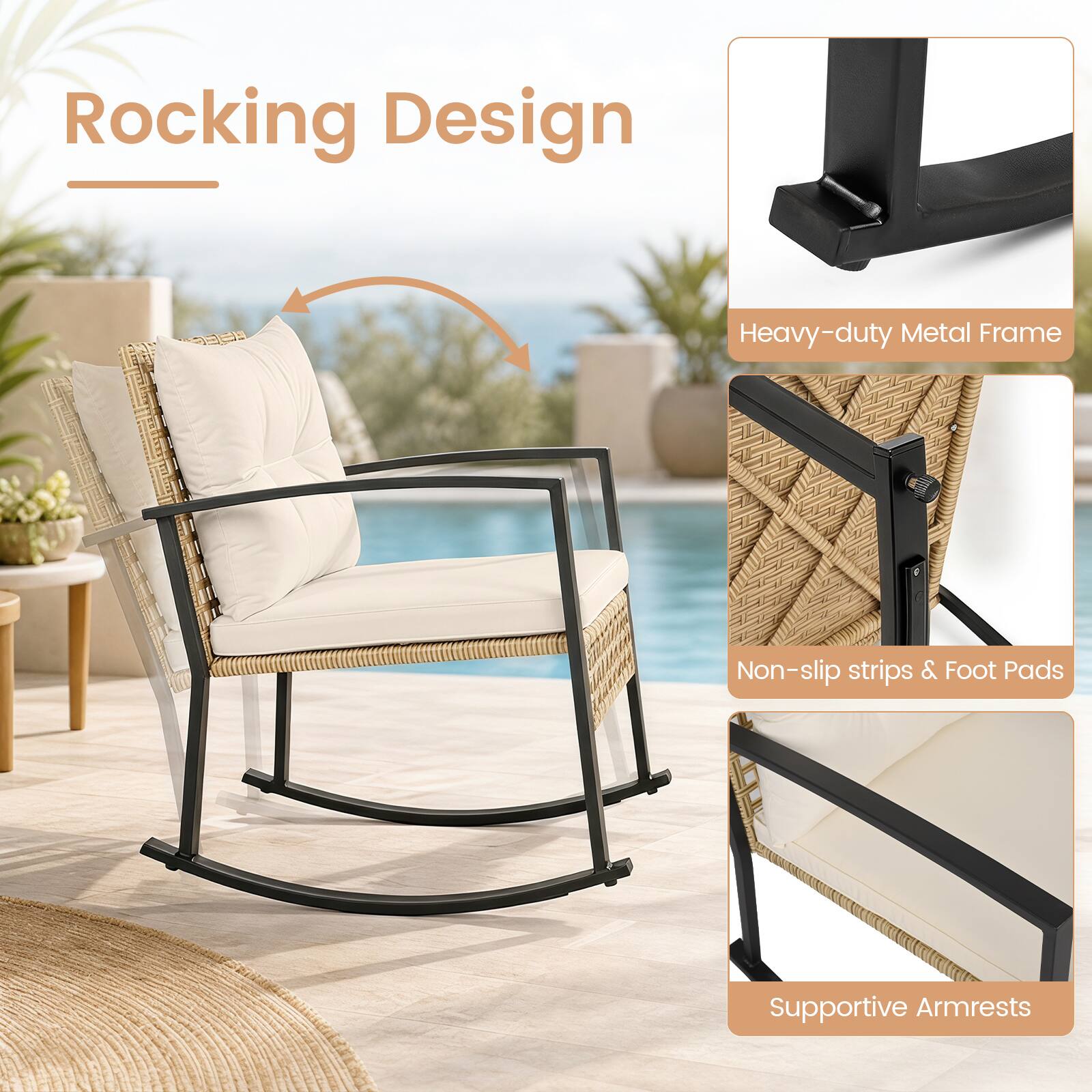 Rocking Design

Heavy-duty Metal Frame

Non-slip strips & Foot Pads

Supportive Armrests
