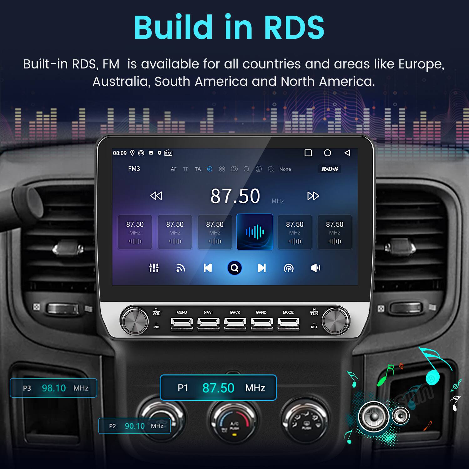 Build in RDS

Built-in RDS, FM is available for all countries and areas like Europe, Australia, South America and North America.

08:09 BO FM3 AF 1F TA 1 1 None R-D-S 87.50 MHz 87.50 MHz 87.50 MHz 87.50 MHz 87.50 MHz 87.50 MHz VOL MEN NAM BACK BAND MOCE FUN LAST P3 98.10 MHz P1 87.50 MHz P2 90.10 MHz