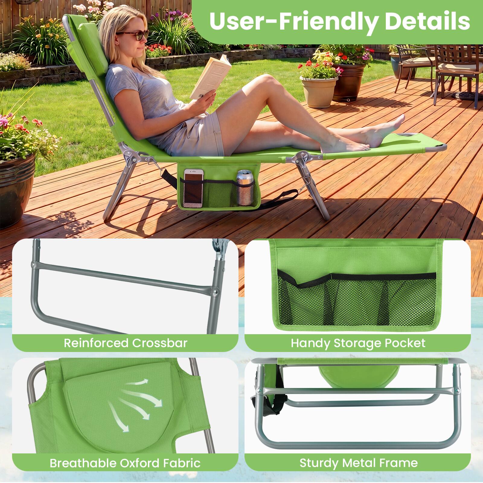 User-Friendly Details

- Reinforced Crossbar
- Handy Storage Pocket
- Breathable Oxford Fabric
- Sturdy Metal Frame